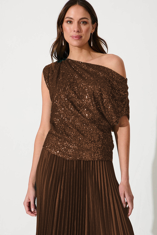 Women's Brown Sequin Drop Shoulder Lined Blouse
