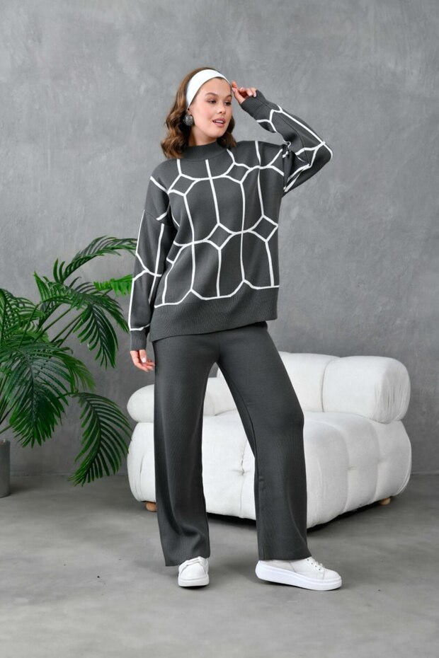 Oversized Ethnic Detailed Sweater Pants Knitwear Bottom-Top Set Aw25Au0035