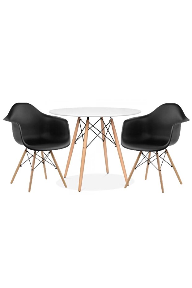 Slino Eames 1 Round White Dining Table + 2 Black Daw Chairs Wood Dining Set