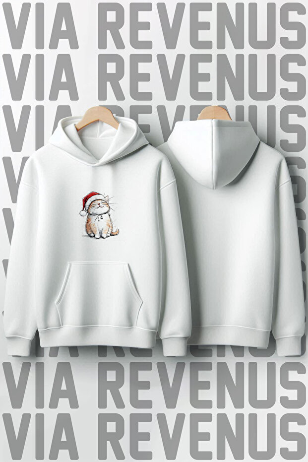 New Year's Cat Printed 100% Cotton Premium Quality Hooded Sweatshirt