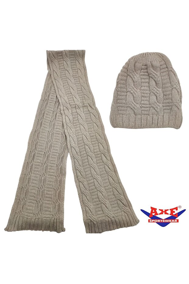 Winter Soft Textured Wool Hair Knitting Pattern Thick Knitwear Tuşe Scarf and Beanie 2-Piece Set