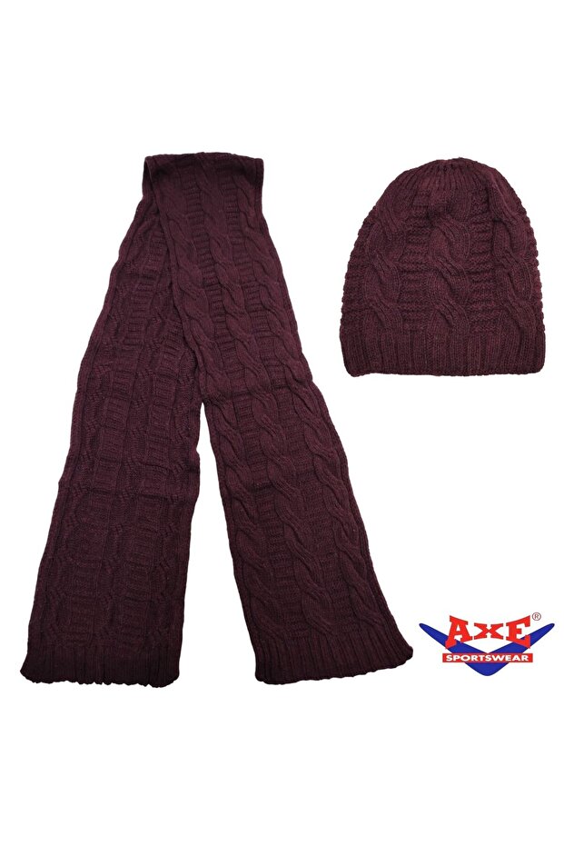 Winter Soft Textured Wool Hair Knitting Pattern Thick Knitwear Tuşe Scarf and Beanie 2-Piece Set