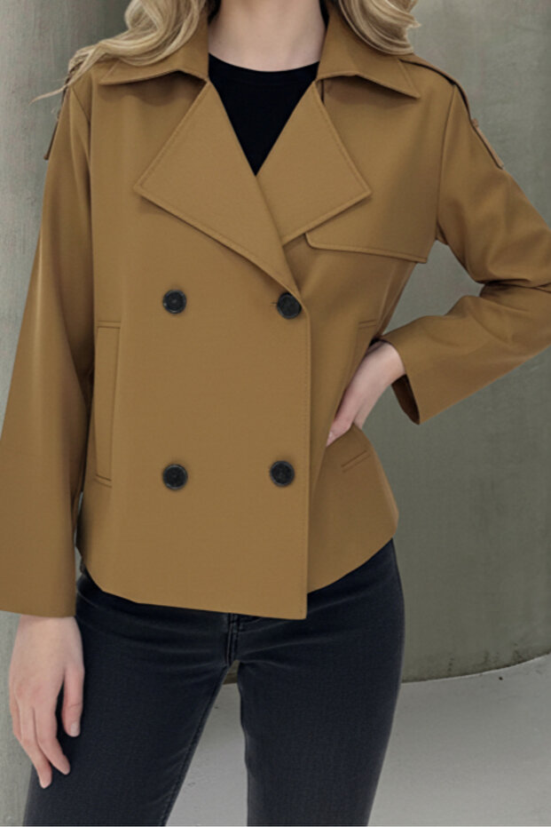 معطف طويل أساسي بأزرار وياقة بأزرار على الجهتين بلون الجمل - 2