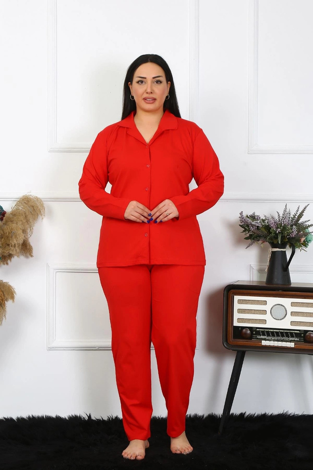 Women's Plus Size Cotton Pocket Buttoned Red Pajama Set