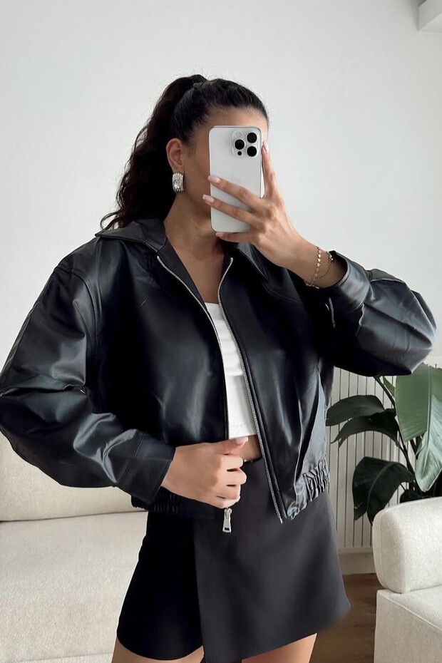 Premium Pb Oversized Bomber Leather Jacket with Elastic Waist Black