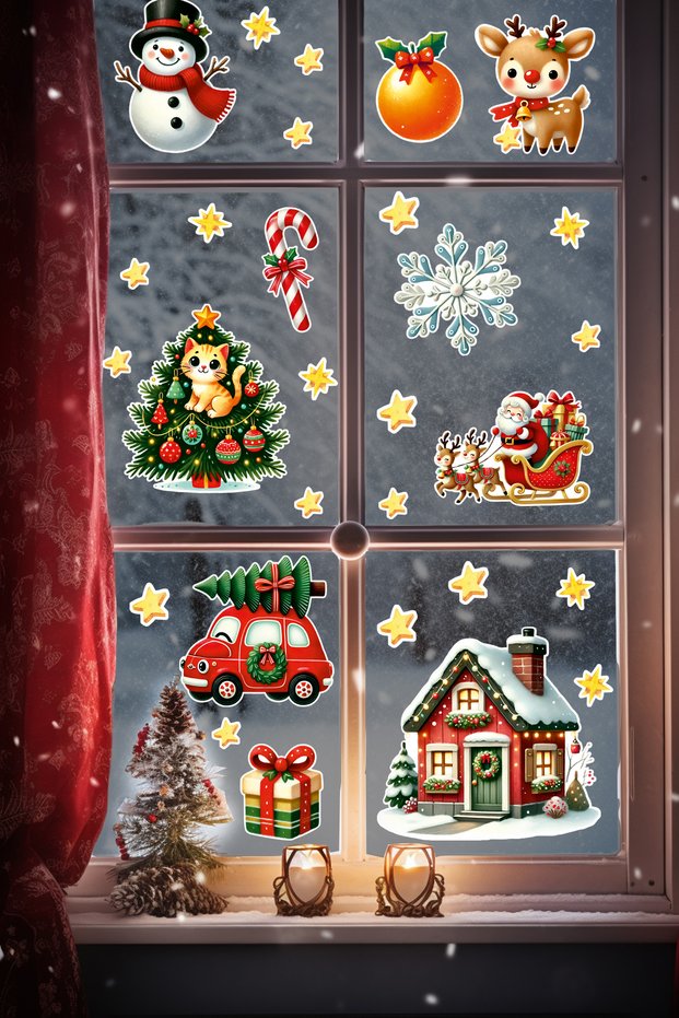 New Year Glass Sticker Set – Santa Claus, Red Car, Cat Figures – Children's & Baby Room Decal