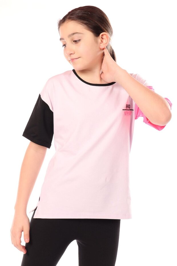 Girl's Printed Crew Neck Short Sleeve T-Shirt - Color Block