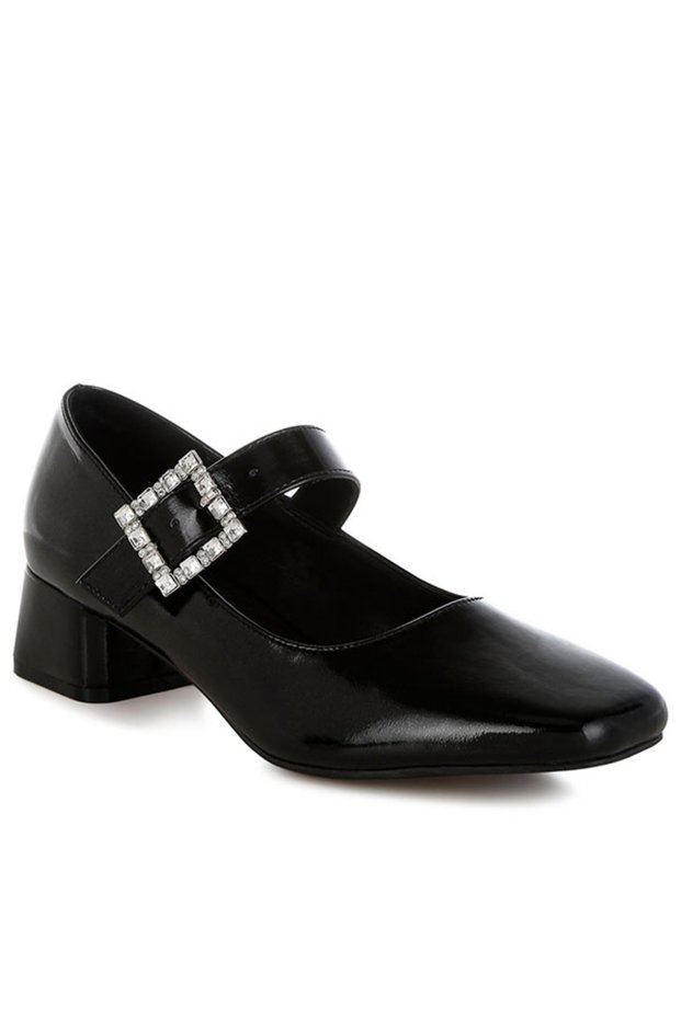 Women Diamante Brooch Metallic Mary Jane Pumps in Black