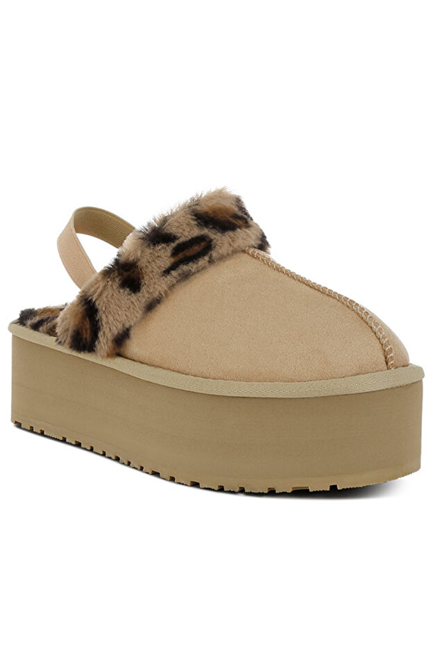 Women Leopard Faux Fur Platform Classic Slingback in Beige