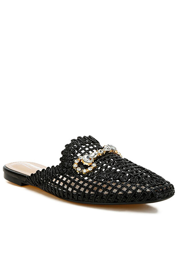 Women Metallic Woven Diamante Mules in Black