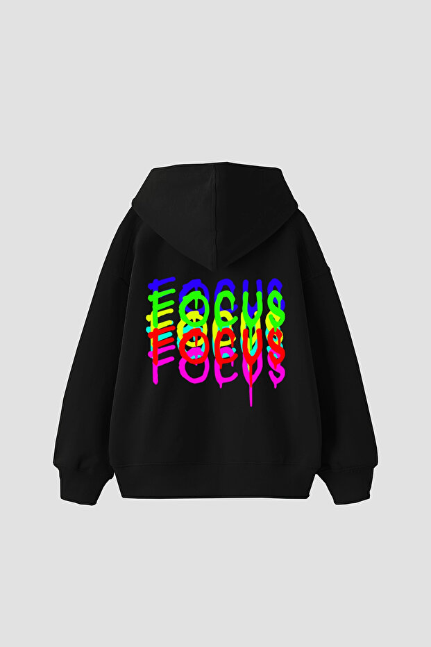 Focus مطبوع قصة فضفاضة هوديي أسود للجنسين