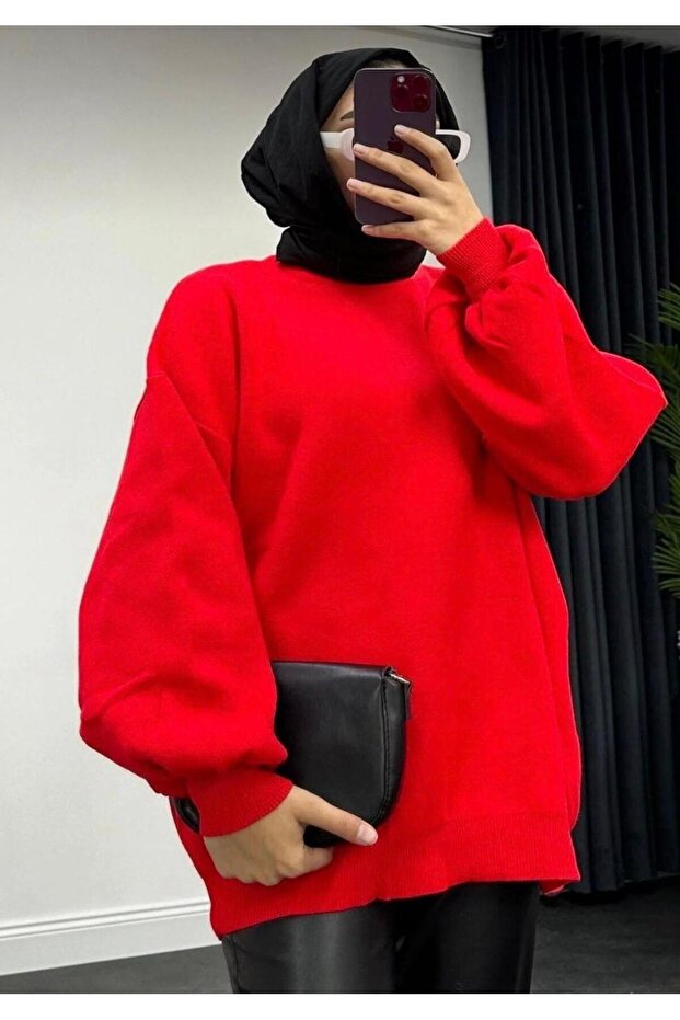 Women's Half-High Neck Balloon Sleeve Oversized Knitwear Sweater Suitable for Hijab