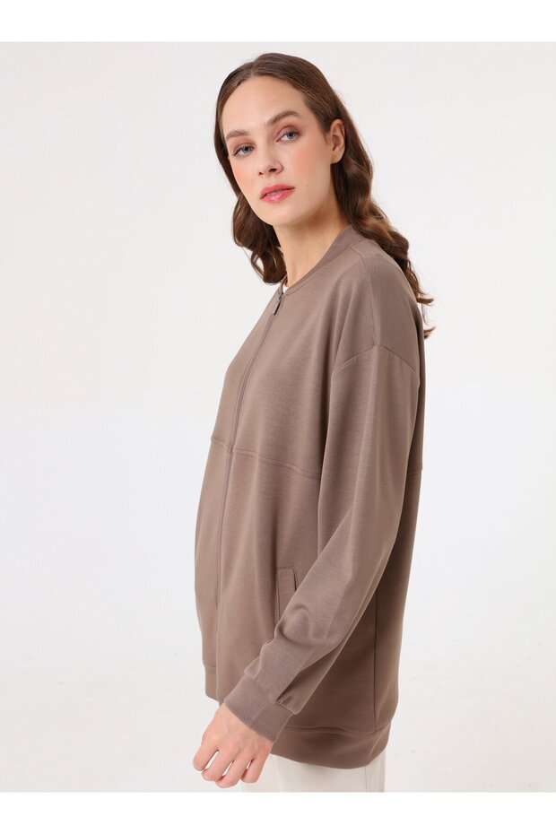 Basic Tasarım Dökümlü Sweatshirt - Vizon - - 1