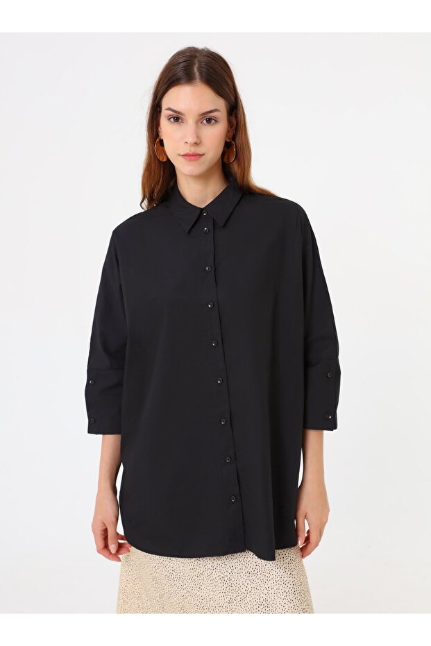 Oversize Düğmeli Gömlek - Siyah - - 6