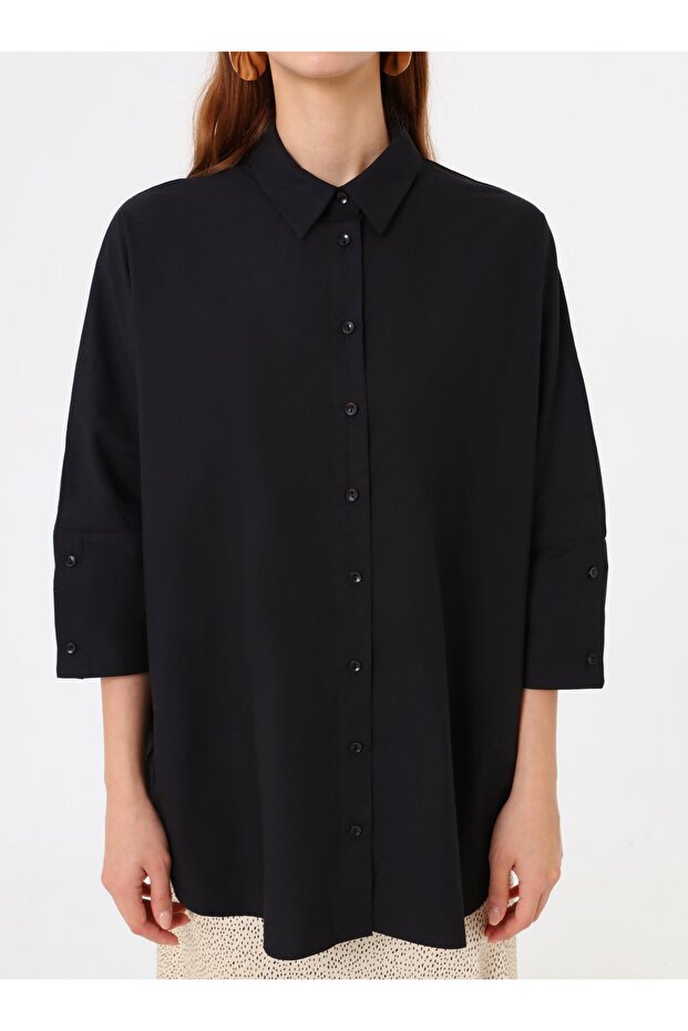 Oversize Düğmeli Gömlek - Siyah - - 7