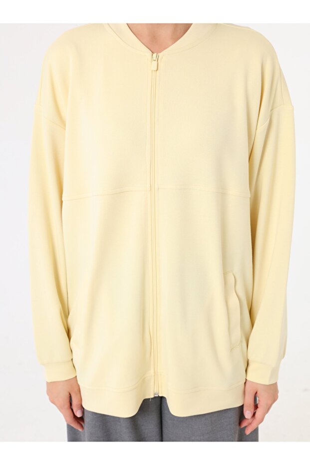 Basic Tasarım Dökümlü Sweatshirt - Açık Sarı - - 3