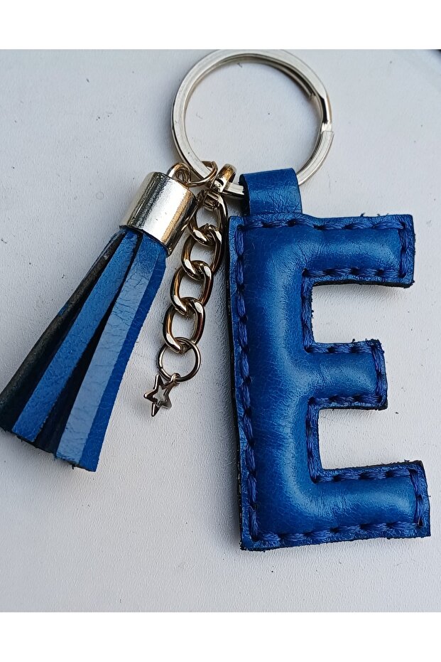 Real Leather Blue Color Letter'E' Keychain
