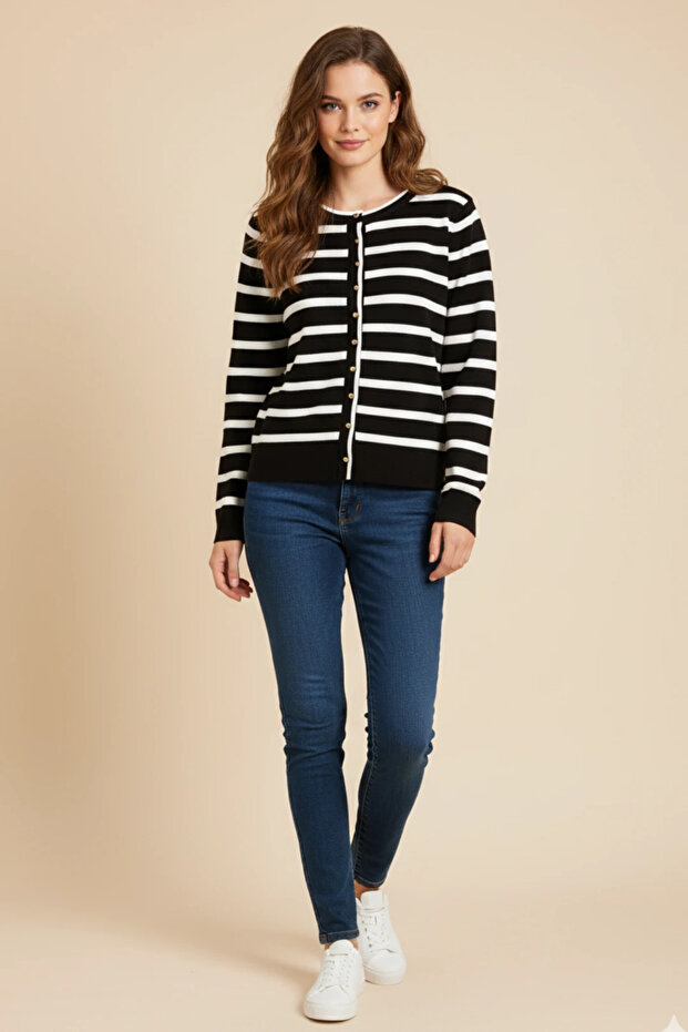 Basic Düğmeli Çizgili Uzun Kollu İnce Triko - 7