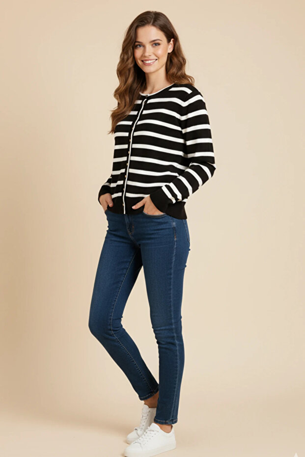 Basic Düğmeli Çizgili Uzun Kollu İnce Triko - 4