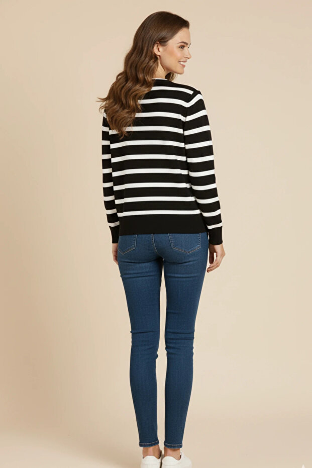 Basic Düğmeli Çizgili Uzun Kollu İnce Triko - 3