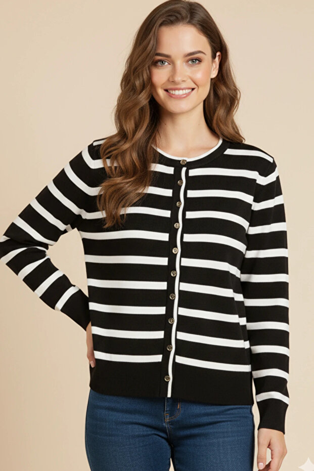 Basic Düğmeli Çizgili Uzun Kollu İnce Triko - 6