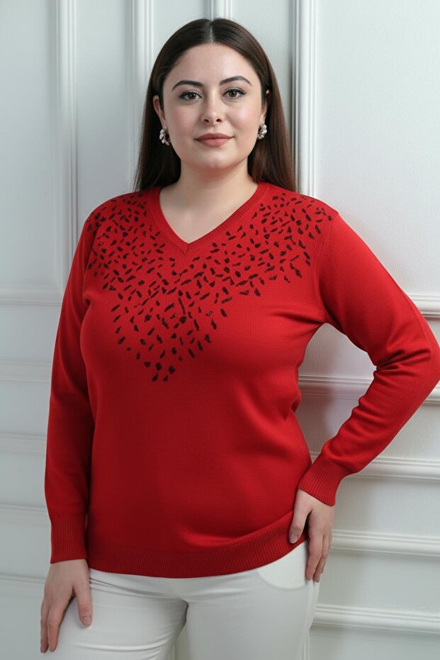 Women's V-Neck Front Glitter Detailed Plus Size Knitwear Blouse