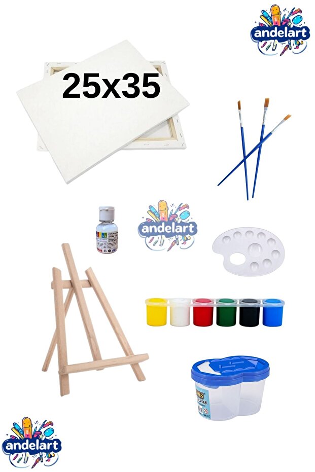 andelart Resim Boya Seti - Mini Masa Şövalesi, 1 Tuval, Resim Verniği, Akrilik Boya, Palet, Su Kabı