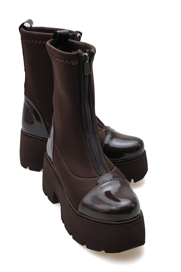 Women's New Season Thick Sole Elastic Front Zipper Detailed Bitter Brown Daily Comfortable Fit Stretch Boots