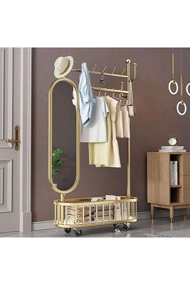Medium Light Luxury Gold Coat Rack 80cm with Rotating Mirror, 4 Hooks, Storage Basket & Wheels