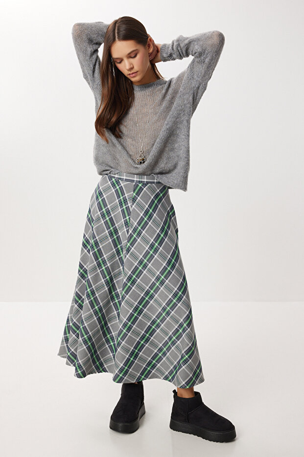 Checkered Midi Flared Skirt Lns0092 Gray Green