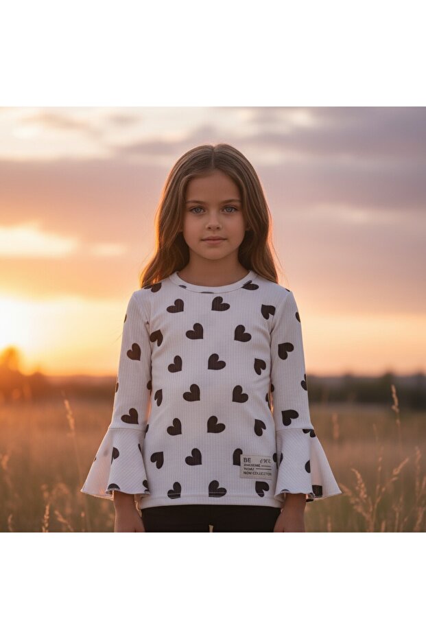 Girls' Sweatshirt Long Sleeve Corded Fabric Heart Patterned Spanish Sleeve Cut Cotton Winter Sweatshirt