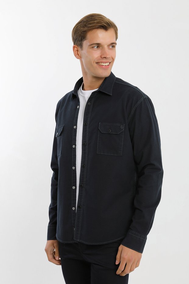 Long Sleeve Snap Fastener Double-Cap Sleeves Cotton Lycra Navy Blue Men's Shirt
