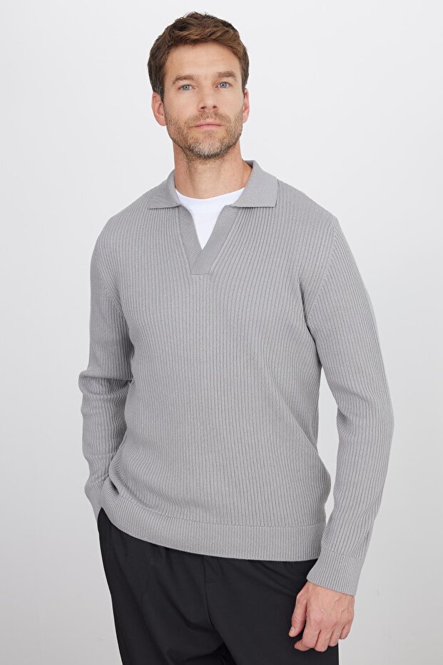 Men's Standard Fit Regular Cut Cotton Polo V-Neck Gray Sweater