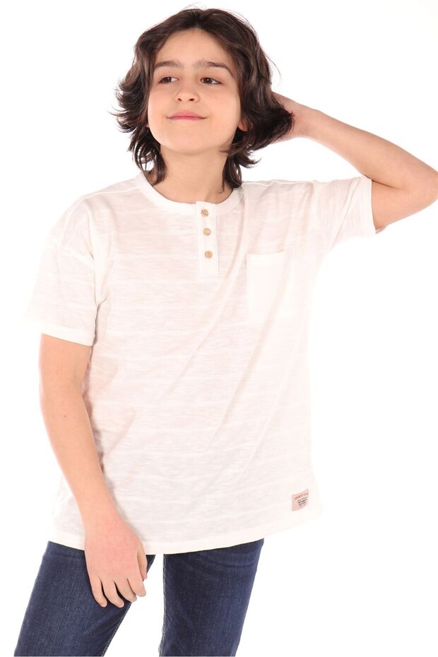 Boy's Printed Crew Neck Buttoned Single Pocket Short Sleeve T-Shirt