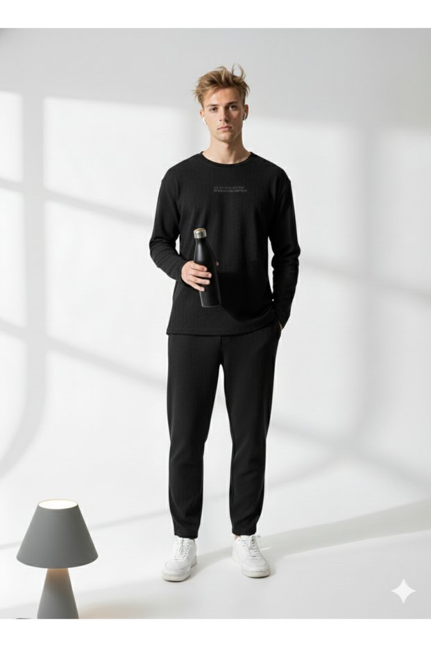 Unisex Corded Fabric Crew Neck Long Sleeve Printed 2-Piece Set