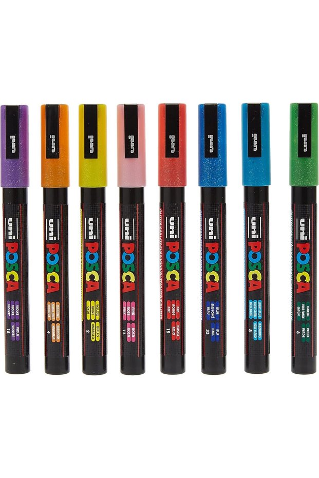 POSCA PC-3M Water Based Permanent Marker Paint Pens, Set of 8 (Glitter Colors)