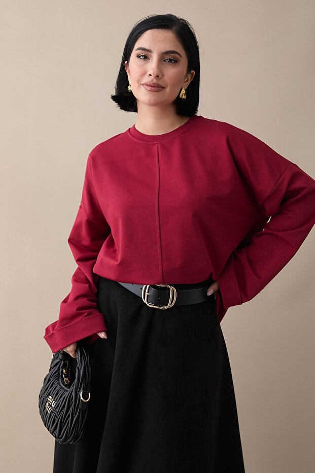 Oversized Claret Red Sweatshirt with Folded Sleeves