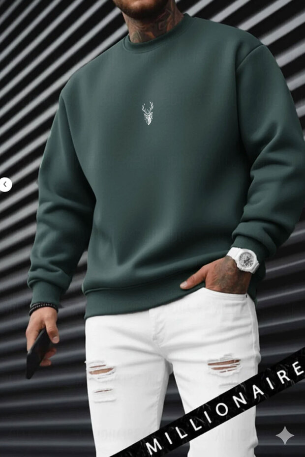 Men's Light Petrol Green Geyik Soft 3 Yarn Inside Ş Fleece-Lined 0 Crew Neck O Oversized Loose Sweatshirt