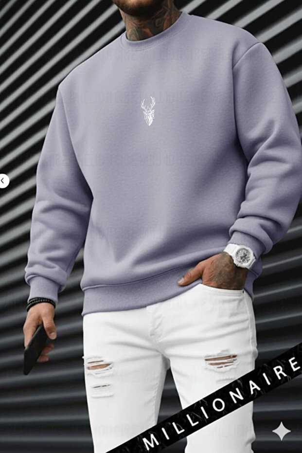 Men's Lilac-Toned Gray Geyik Soft 3 Thread-In-One Ş Fleece-Lined 0 Crew Neck O Oversized Loose Sweatshirt