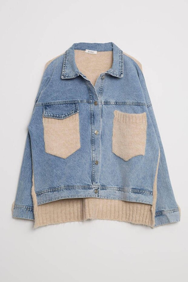 Triko Panel Detaylı Oversize Kot Ceket - 6