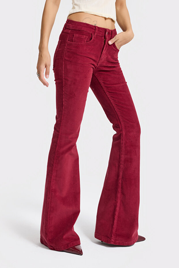 Women's Burgundy 26w5-35 Flared Fit Slim-Ribbed Velvet Fabric Trousers
