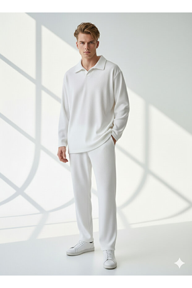 Unisex Corded Fabric Shirt Collar Long Sleeve Pocket Elastic Waist 2-Piece Set