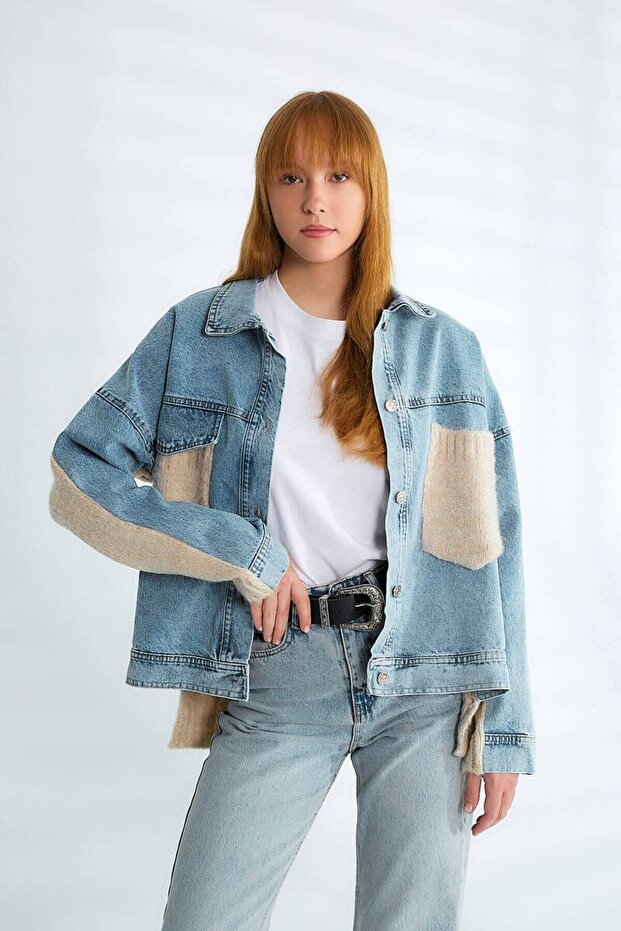 Triko Panel Detaylı Oversize Kot Ceket - 2