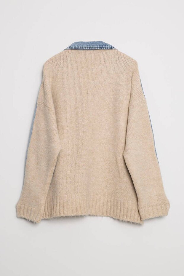 Triko Panel Detaylı Oversize Kot Ceket - 5