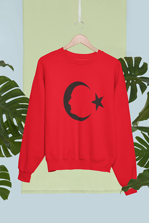 Ataturk Moon Star Printed Cotton Long Sleeve 3 Thread Sha Fleece-Lined Nisex Sweatshirt