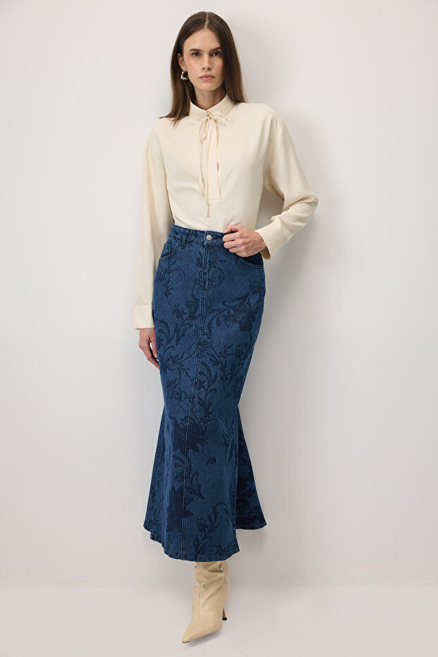Printed Denim Skirt