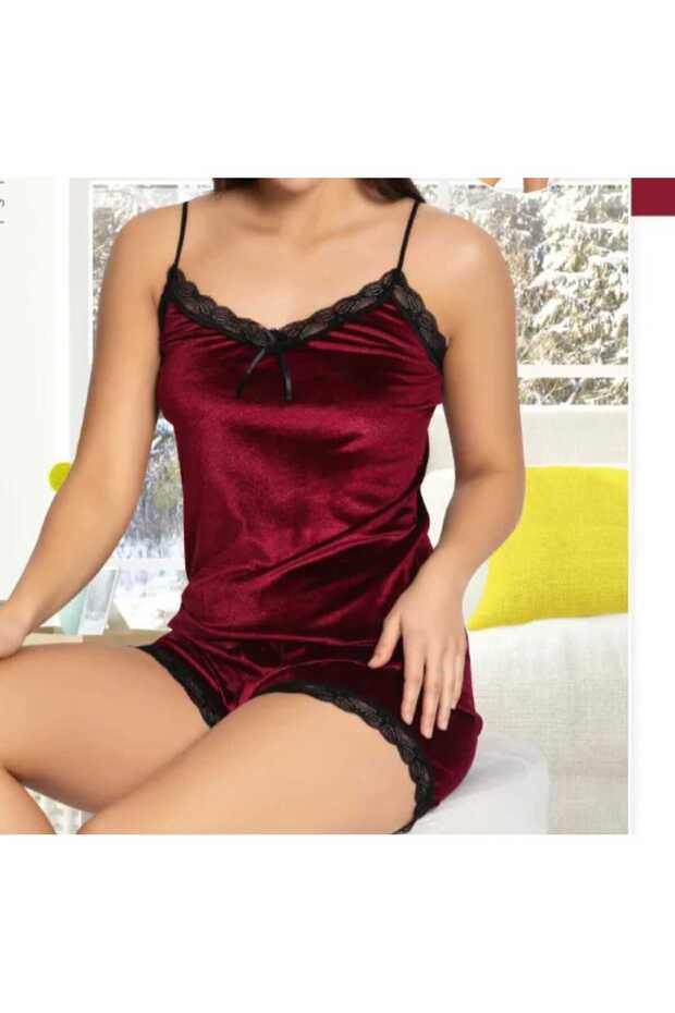 Burgundy Velvet Lace Shorts Set