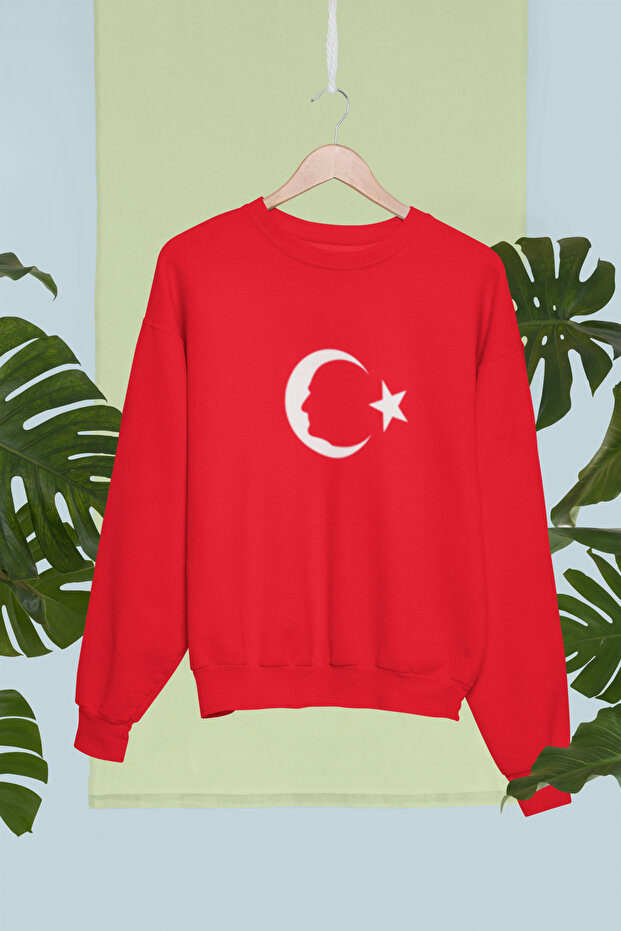 سترة أتاتورك ذات الأكمام الطويلة المصنوعة من القطن المطبوع عليها نجمة القمر مبطن بالصوف NISEX SWEATSHIRT