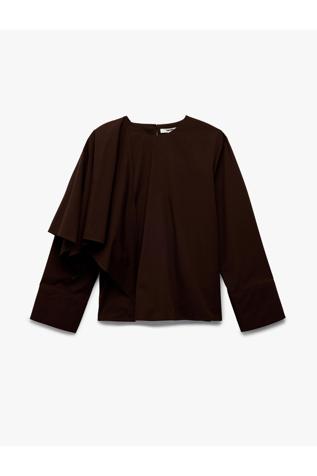 Cotton Loose Fit Long Sleeve Half Cape Detail Blouse