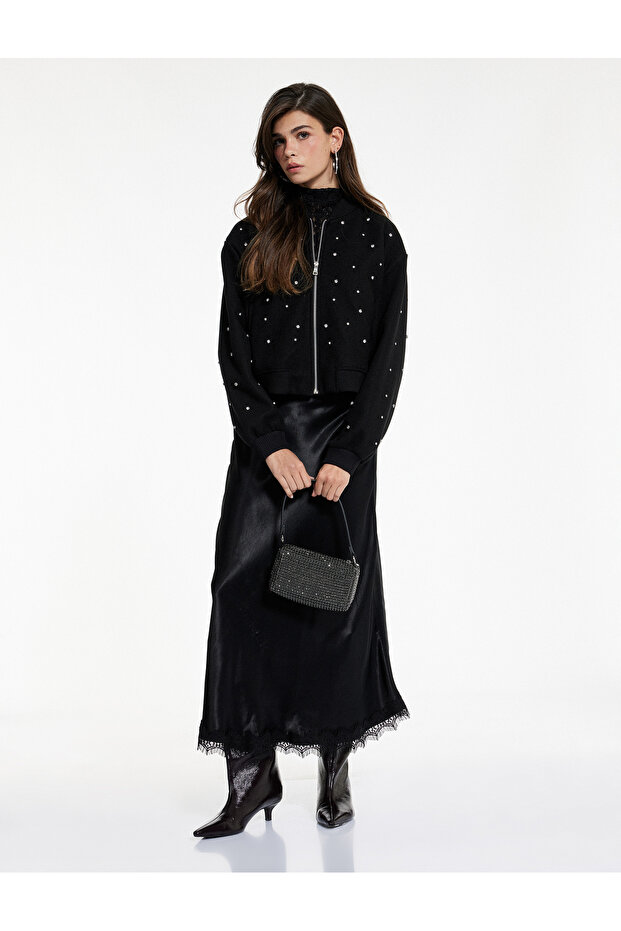 Slim Fit Long Satin Skirt with Lace Detail